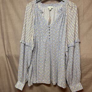 NWT Wonderly Blue Boho Peasant Blouse XL Flowy Ruffle Sleeve Top